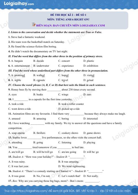 Đề thi học kì 2 Tiếng Anh 6 Right on! - Đề số 1